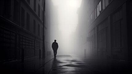 This mysterious, solitary figure's sauntering stroll through hazy city roads creates a sombre monochrome scene.