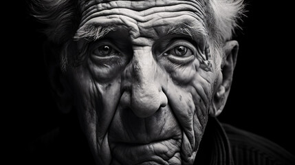 An evocative monochrome visage conveying moods on an elderly individual's countenance, perfect for fostering insight into life, sagacity, or aging-related matters in editorial works or civic drives.