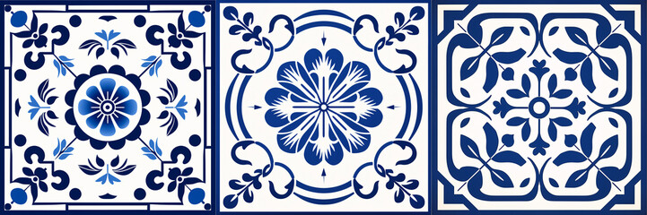 ...A beautiful baroque-style ceramic tile featuring a blue and white porcelain damask and Victorian pattern, centred by a big floral frame. - obrazy, fototapety, plakaty