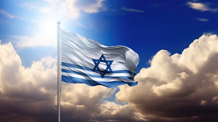 Patriotic skies: Celebrate Israel's pride with flags and the Star of David against a cloudy sky backdrop, a powerful symbol of national identity