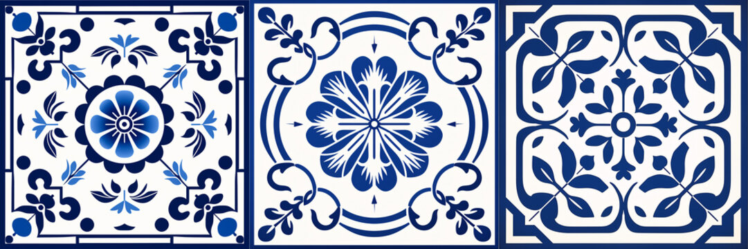 ...A beautiful baroque-style ceramic tile featuring a blue and white porcelain damask and Victorian pattern, centred by a big floral frame.
