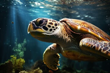 Fototapeta premium Close up of turtle under the ocean