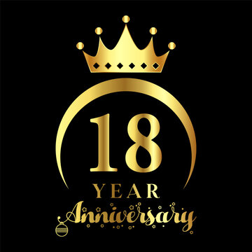 18 year anniversary celebration. Anniversary logo with crown and golden color vector illustration.