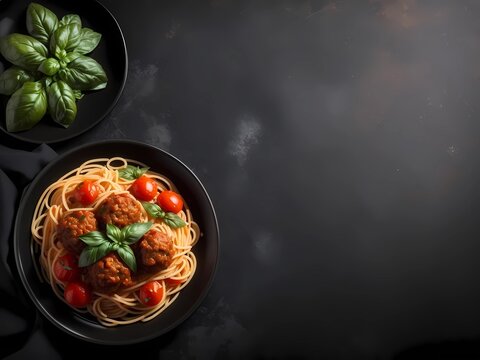 Spaghetti with basil and tomatos on dark background with space for text