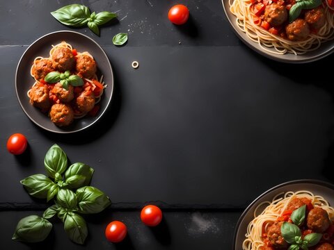 Spaghetti with basil and tomatos on dark background with space for text
