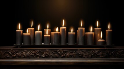 Remembering history: Pay tribute to the Holocaust on memorial day with an image of burning candles on a black table, a symbol of remembrance - obrazy, fototapety, plakaty