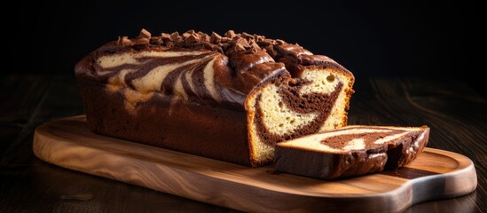 Marble cocoa loaf cake on wooden board With copyspace for text
