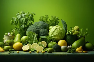 Foto op Plexiglas a healthy table of fresh green vegetables and fruit, isolated by a green background, nutrition © Amplio Studios