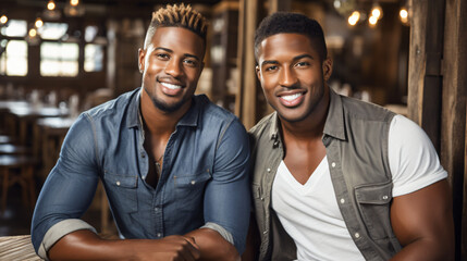 Couple of dark-skinned gay boys dressed in urban style, smiling at the camera sitting in a bar. - obrazy, fototapety, plakaty