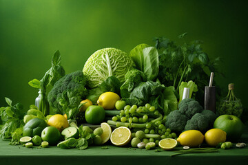 a healthy curated table of fresh green vegetables and fruit, isolated by a green background, 