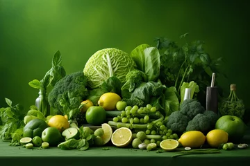 Foto op Aluminium a healthy curated table of fresh green vegetables and fruit, isolated by a green background,  © Amplio Studios