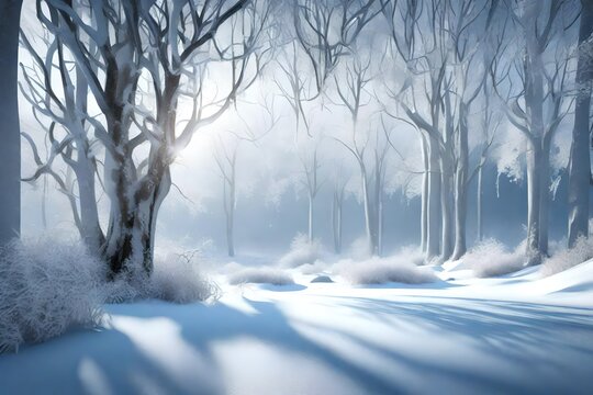 3D image capturing the serene beauty of a winter forest scene on a cold morning.
