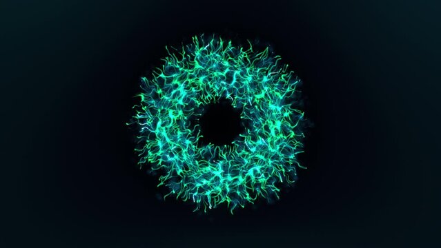 Green circular futuristic eye vision animation concept. Colorful particles and lines forming a volumetric human eye iris and pupil.