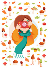 Girl takes pictures. Cozy Autumn illustration.