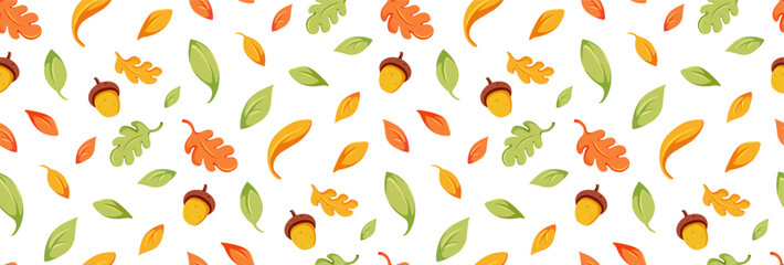 Autumn seamless Pattern. Autumn falling leaves and acorns. Vector flat illustration.