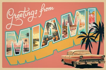 Fotobehang Vintage postcard with hand-drawn elements - Miami, Florida  © Mila