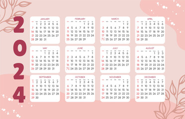 Calendar 2024 - All months -  National Holidays. Calendar commemorative dates and holidays 