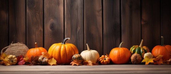 Autumnal table with pumpkins leaves and rustic barn ambiance for Thanksgiving - Powered by Adobe