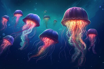 A bunch of jellyfish swimming in the sea against a deep blue backdrop. Generative AI