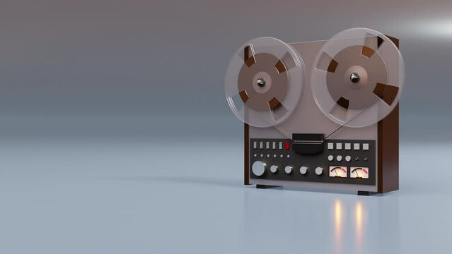 Vintage music and sound. 3D animation of retro reel-to-reel tape recorder 