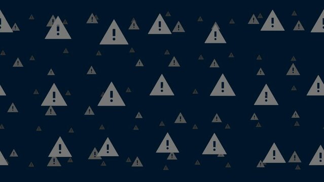 Warning symbols float horizontally from left to right. Parallax fly effect. Floating symbols are located randomly. Seamless looped 4k animation on dark blue background
