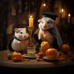 halloween pumpkin and candle.
a hamster dressed up for Halloween,
Halloween mice,
the end of the year.
Halloween rat.