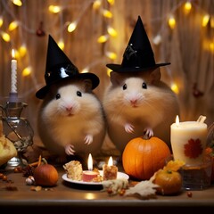 halloween pumpkin and candle.
a hamster dressed up for Halloween,
Halloween mice,
the end of the year.
Halloween rat.
