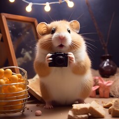 Hamster taking selfies. Warm atmosphere, Christmas.
rat.