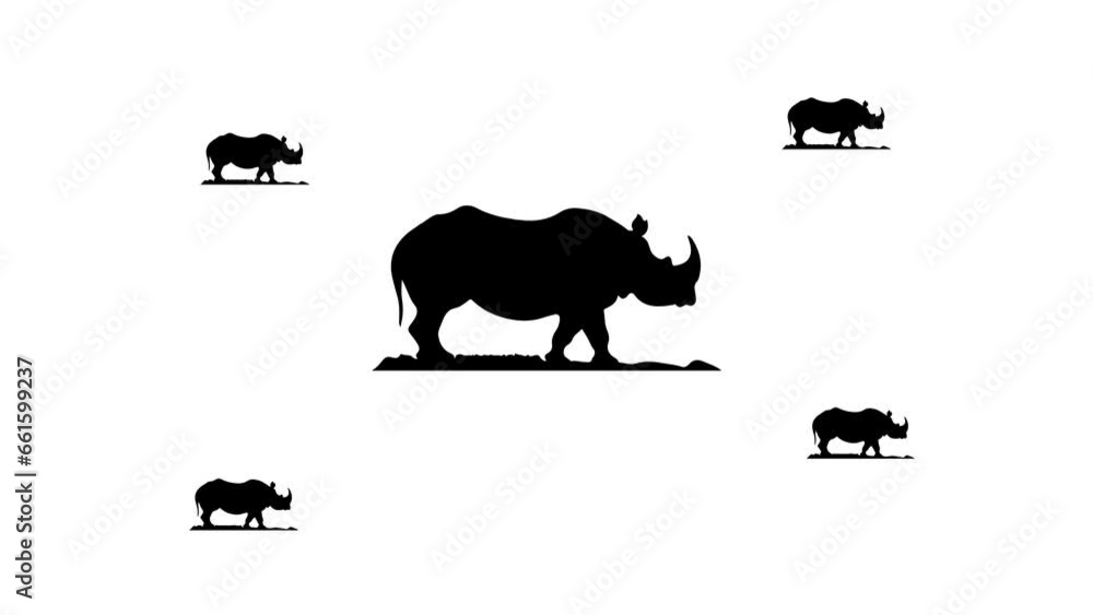 Poster zoom in and out animation the wild rhino symbol. large black symbol in the center and four small sym