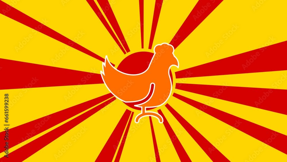 Poster chicken symbol on the background of animation from moving rays of the sun. large orange symbol incre