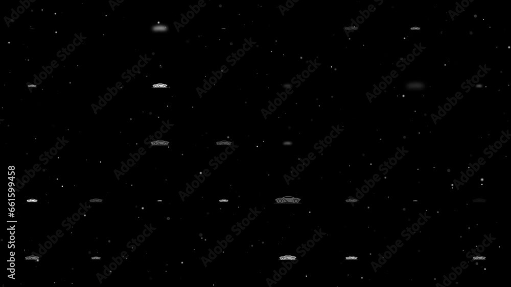 Poster template animation of evenly spaced future car symbols of different sizes and opacity. animation of 