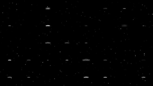 Template animation of evenly spaced future car symbols of different sizes and opacity. Animation of transparency and size. Seamless looped 4k animation on black background with stars