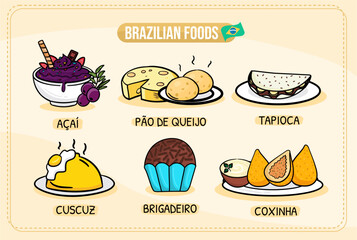A set of brazilian food with - Couscuz, brigadeiro, tapioca, feijoada, pao de queijo, coxinha, acai
