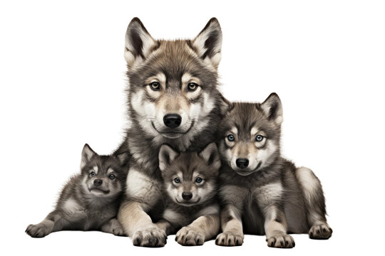 Gray Wolf and Her Adorable Pups on isolated background
