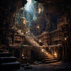 Hidden underground library filled with ancient scrolls and glowing crystals