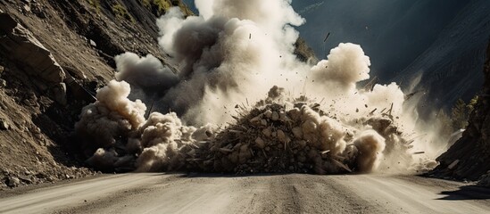 Blowing up rocks in mountains for road construction - obrazy, fototapety, plakaty
