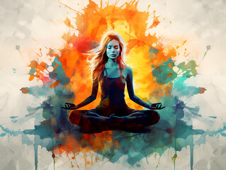 Colorful abstract background with woman doing yoga in lotus pose