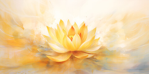 Watercolor illustration of yellow lotus flower, abstract background 