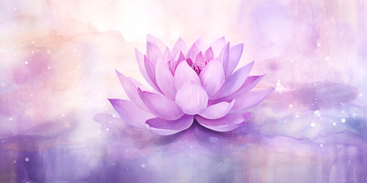 Watercolor illustration of pastel purple lotus flower, abstract background 