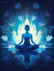 Blue abstract yoga background illustration with a woman in lotus pose and lotus flower in background  - obrazy, fototapety, plakaty