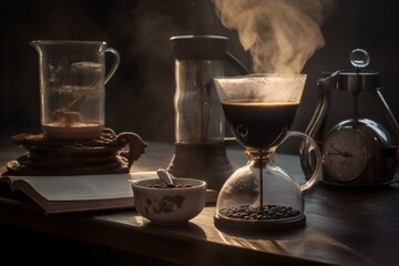 Obraz na płótnie Canvas Brewed coffee at the dawn of time. Generative AI
