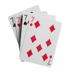 Flying playing card for poker and gambling, four seven isolated on white, clipping path
