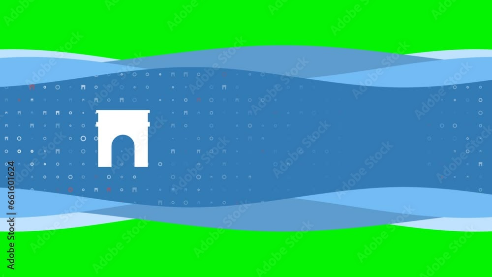 Poster animation of blue banner waves movement with white arch symbol on the left. on the background there 