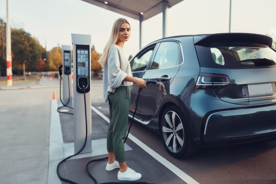 jeune femme en train de brancher sa voitures électrique à une borne de recharge pour sa batterie sur un parking