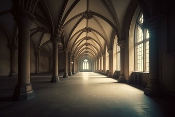 Fototapeta na wymiar Gothic-style hall with columns. Generative AI