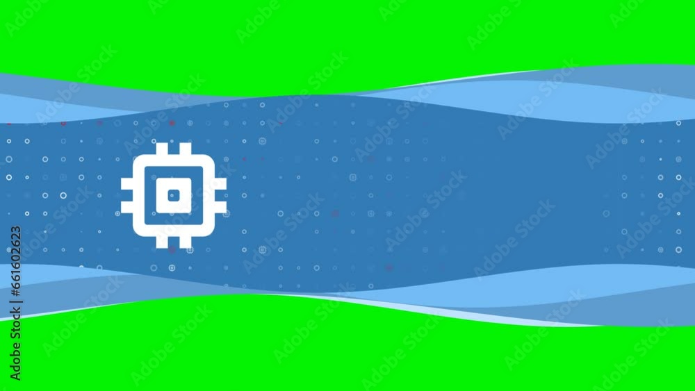 Poster animation of blue banner waves movement with white chip symbol on the left. on the background there 