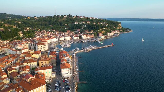 Aerial view of Piran port. Picturesque summer scene of Slovenia s Adriatic coast with beautiful Venetian architecture