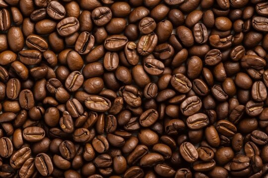 Panorama of artistic coffee banner with seamless pattern texture - aerial shot of roasted coffee beans. Generative AI