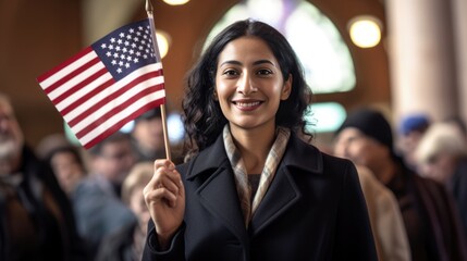 Happy smiling Female immigrant holding a small US flag the day of her naturalization ceremony - obrazy, fototapety, plakaty
