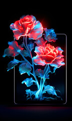 Digital Blossom - A glowing red rose surrounded by light blue neon light emerging from an iPad. Black background. Augmented reality advertising. Generative AI.